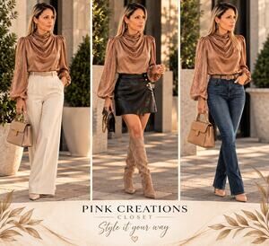 Bronze Copper Satin Cowl Neck Puff Sleeve Blouse